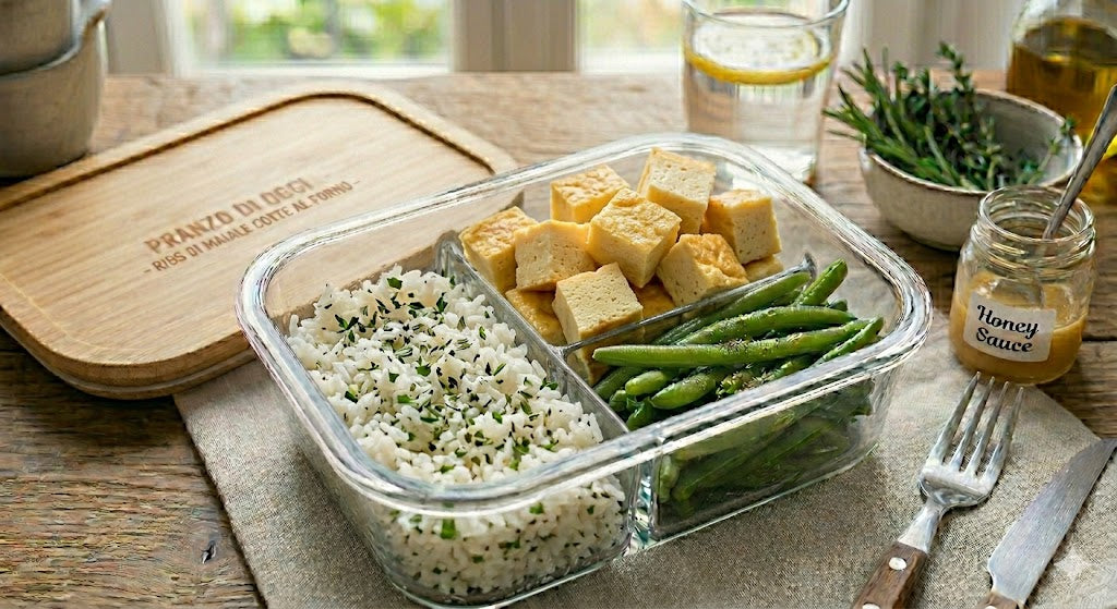 Schiscetta con riso aromatizzato, verdure del giorno e frittata