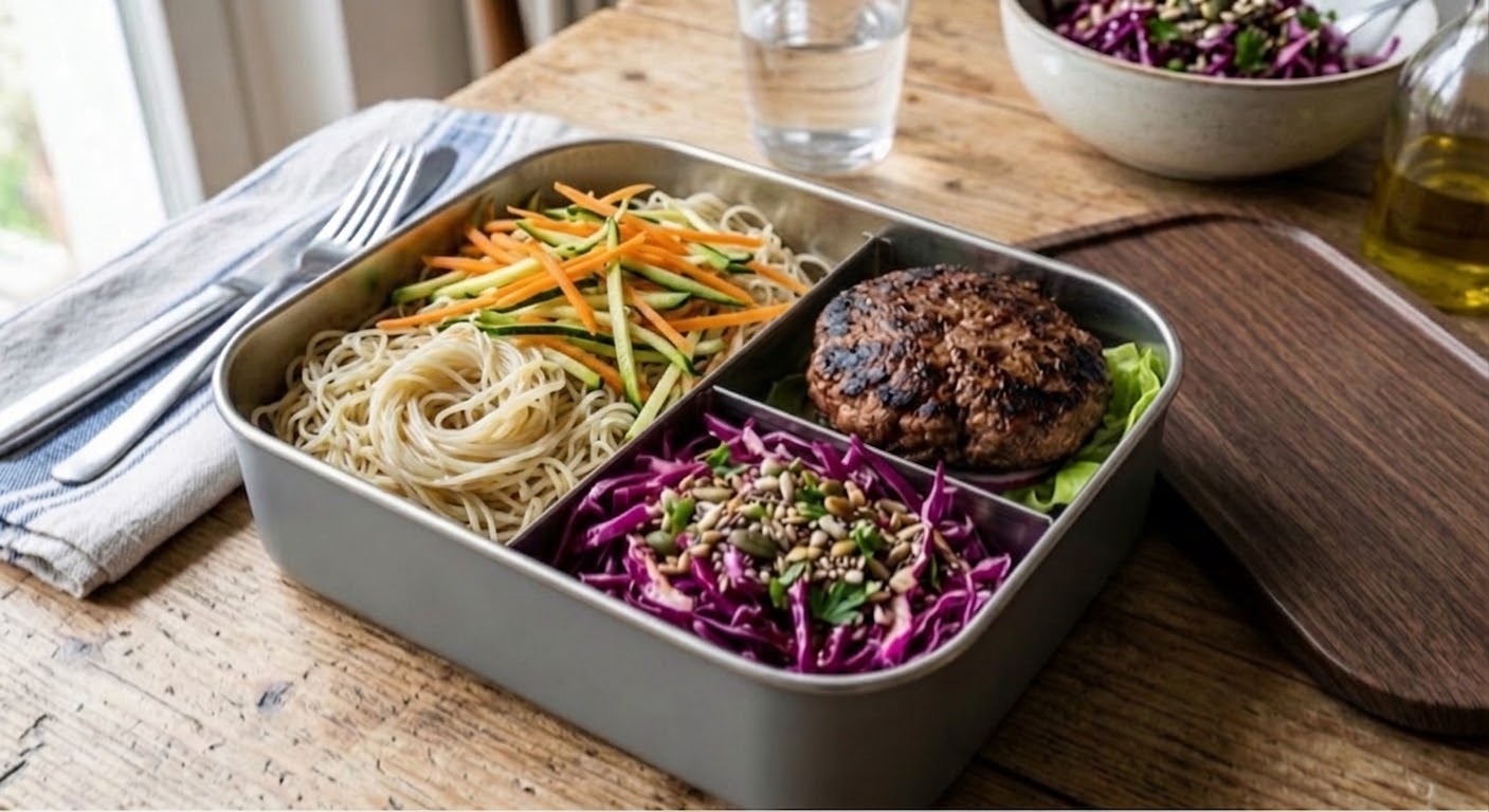 Spaghetti di mung, verdure del giorno e hamburger di manzo