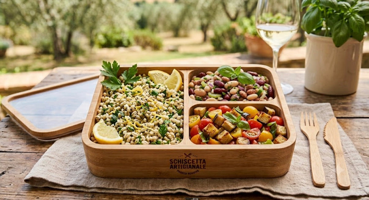 Orzo al prezzemolo e limone, insalata di melanzane scottate, peperoni e pomodori crudi, e insalata di fagioli