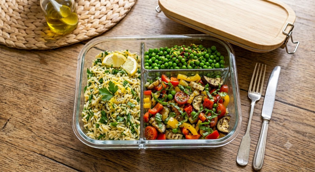 Orzo al prezzemolo e limone, insalata di melanzane, peperoni e pomodori e piselli