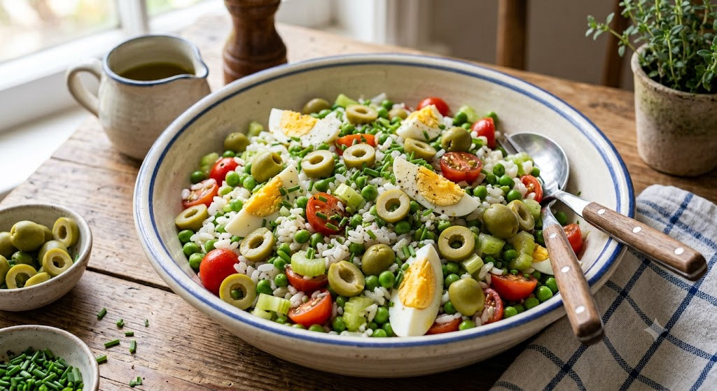 Insalata di riso con uova sode, olive, sedano, pomodori ed erba cipollina