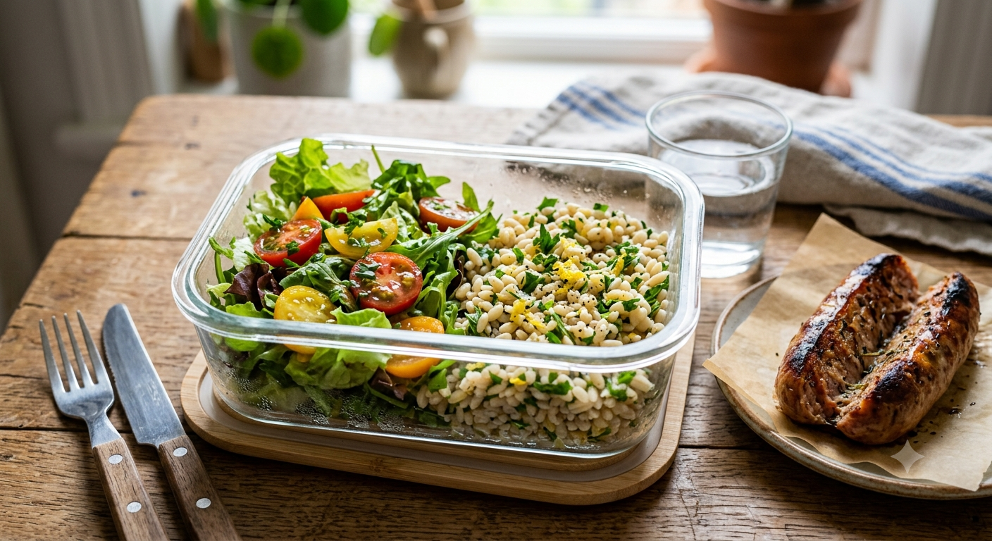 Orzo aromatizzato al prezzemolo e limone, verdure del giorno, salamella