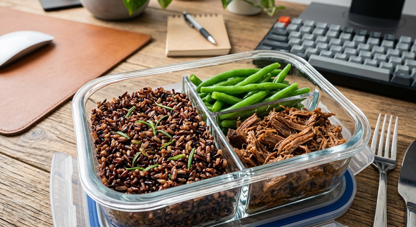 Mix di riso integrale Venere ed Ermes al rosmarino, verdure del giorno e pulled pork