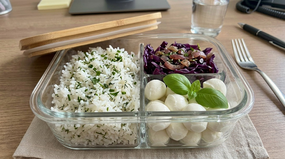Schiscetta con riso aromatizzato, verdure del giorno e mozzarella