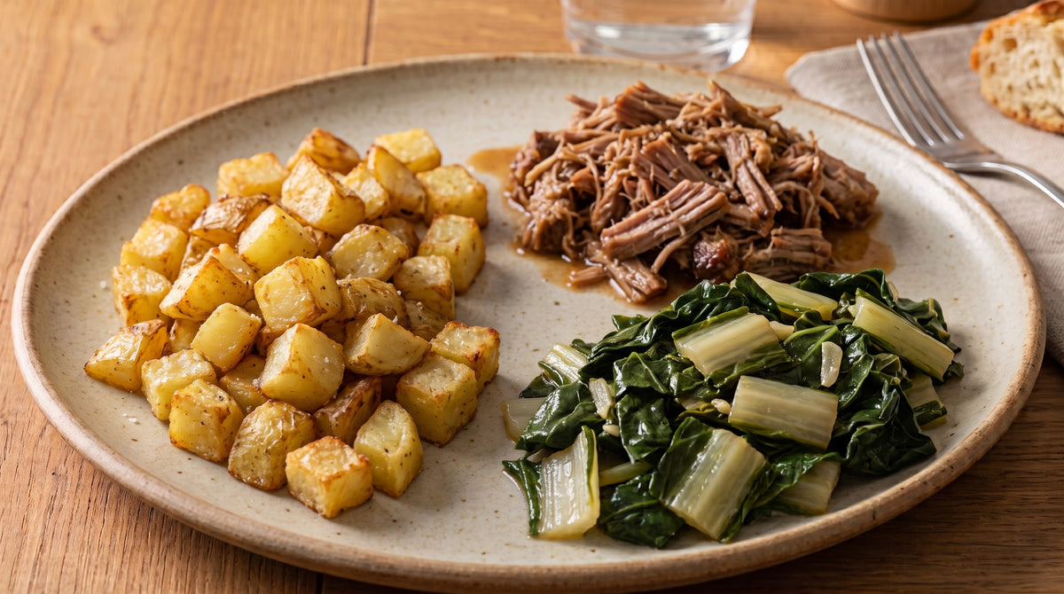 Schiscetta con patate al forno, verdure del giorno e pulled pork