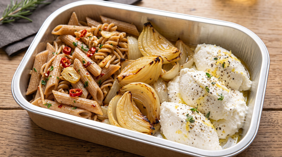 Pasta integrale aglio olio e peperoncino, verdure del giorno e ricotta mantecata