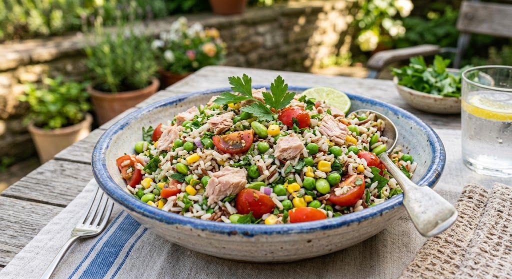 Insalata di riso con tonno, pomodori, mais, piselli e mix di erbette