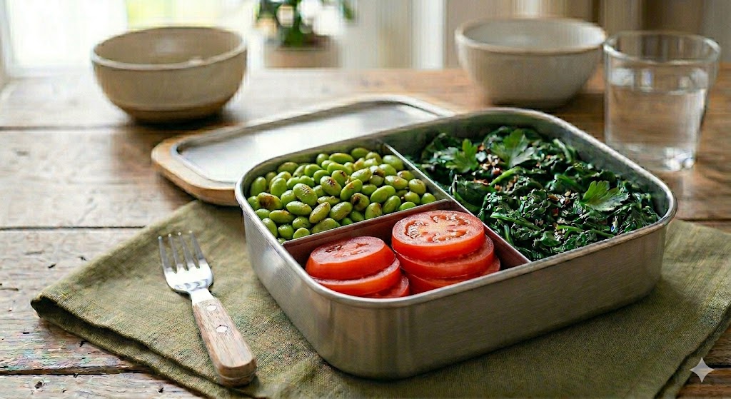 Edamame, pomodori e spinaci