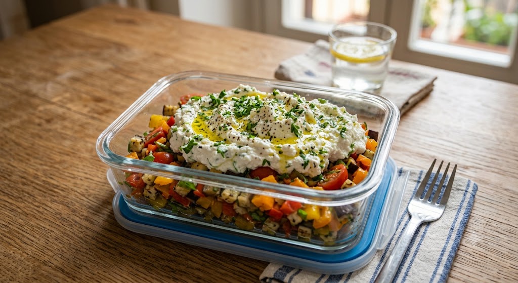 Ricotta mantecata con insalata di melanzane scottate, pomodori e peperoni crudi