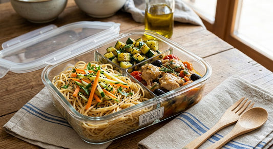 Spaghetti di riso, verdura del giorno e spezzatino di pollo