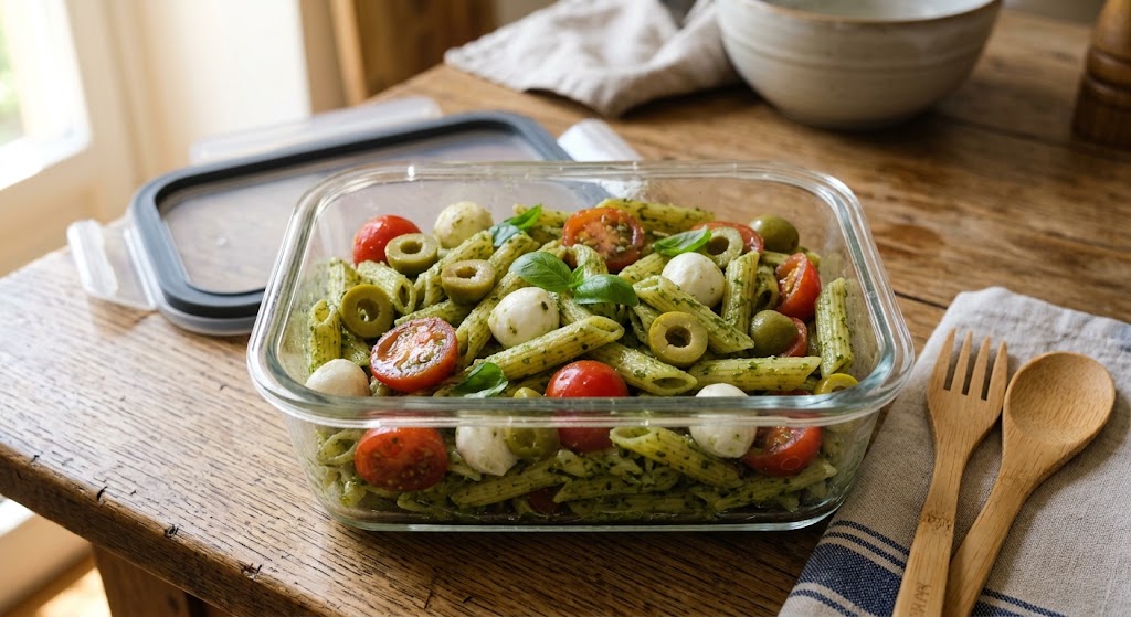 Pasta con pesto, mozzarelle, pomodori e olive