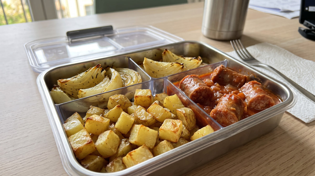 Patate al forno, verdure del giorno e salsiccia in umido