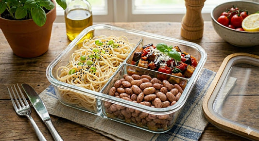 Spaghetti di riso, verdure del giorno e fagioli in padella