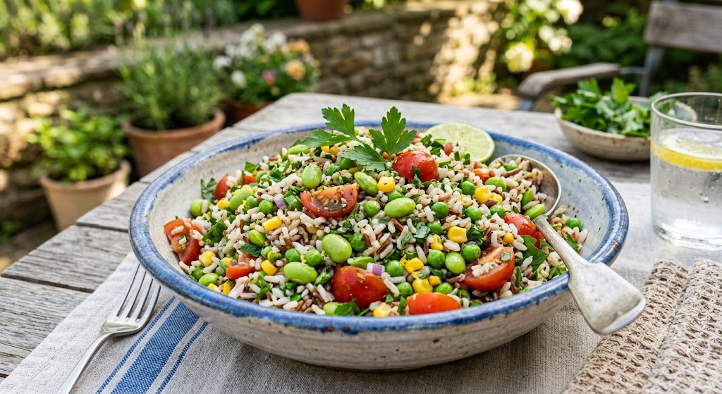 Insalata di riso con edamame, pomodori, mais, piselli e mix di erbette