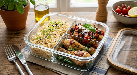 Spaghetti di riso, verdure del giorno e cosce di pollo