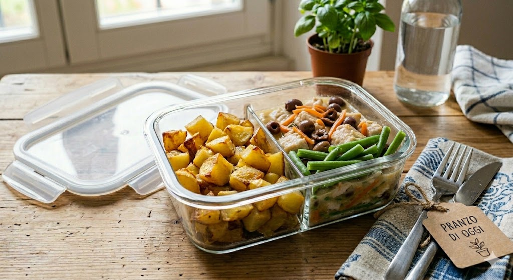 Patate al forno, verdure del giorno e spezzatino di pollo con olive taggiasche