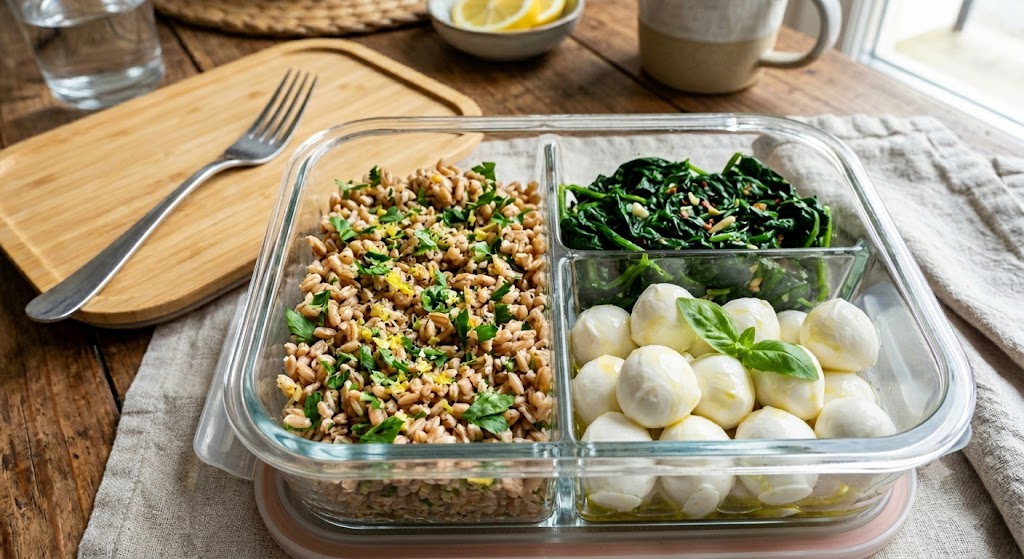 Farro con scorza di limone e prezzemolo, verdure del giorno e mozzarella