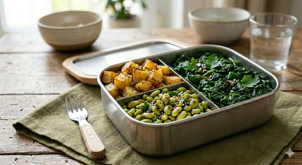 Patate al forno, verdure del giorno e edamame salatati in padella