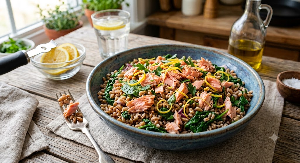 Insalata di farro con scorza di limone, spinaci e salmone