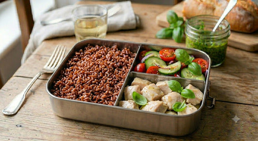 Riso ermes, verdure del giorno e pollo cotto a bassa temperatura