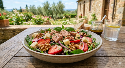 Insalata con tonno, toma, noci, fragole e cipolle crude di tropea