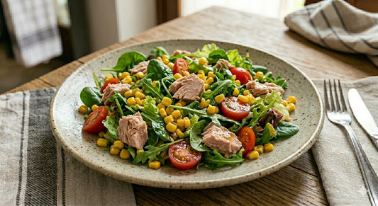 Insalata con pomodori, tonno e mais