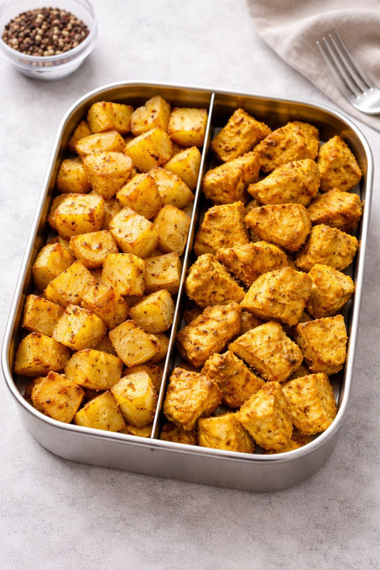 Patate al forno, verdure del giorno e pollo al curry