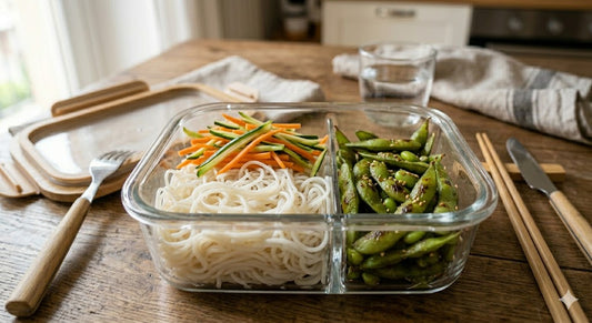 Spaghetti riso, verdure del giorno e edamame