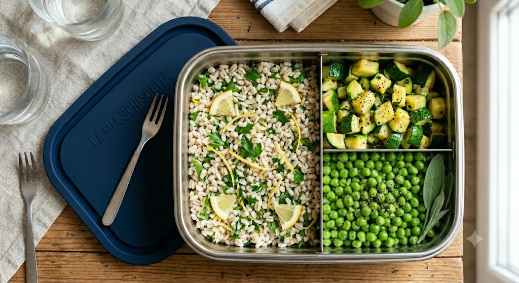 Orzo al prezzemolo e limone, verdure del giorno e piselli