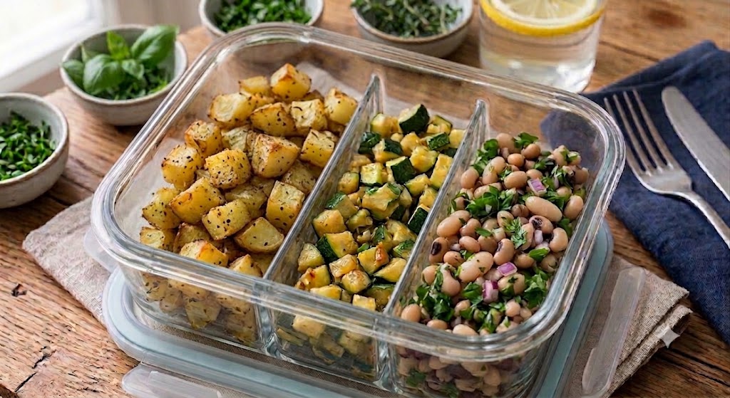 Patate al forno, verdure del giorno e insalata di fagioli