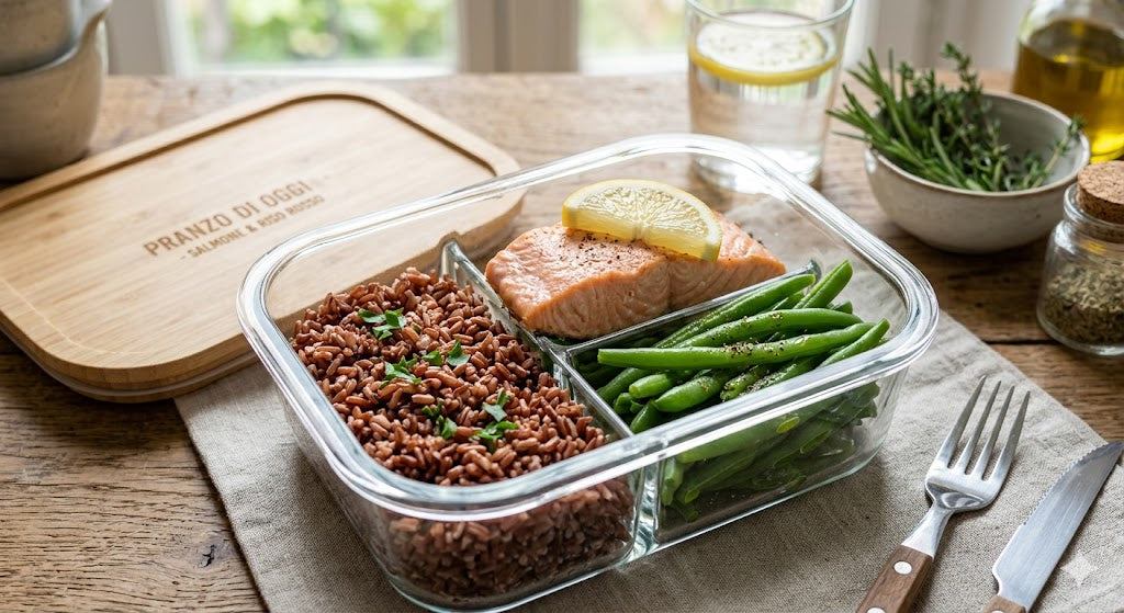 Riso ermes, verdure del giorno e salmone cotto a bassa temperatura
