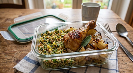 Mix di orzo e farro al prezzemolo e limone, verdure del giorno e coscetta di pollo