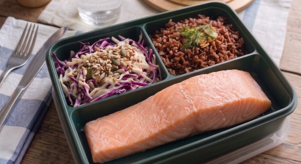Riso ermes, verdure del giorno e salmone cotto a bassa temperatura