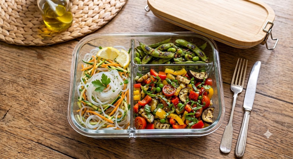 Spaghetti mung, verdure del giorno ed edamame saltati in padella