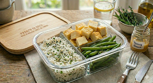 Schiscetta con riso aromatizzato, verdure del giorno e frittata