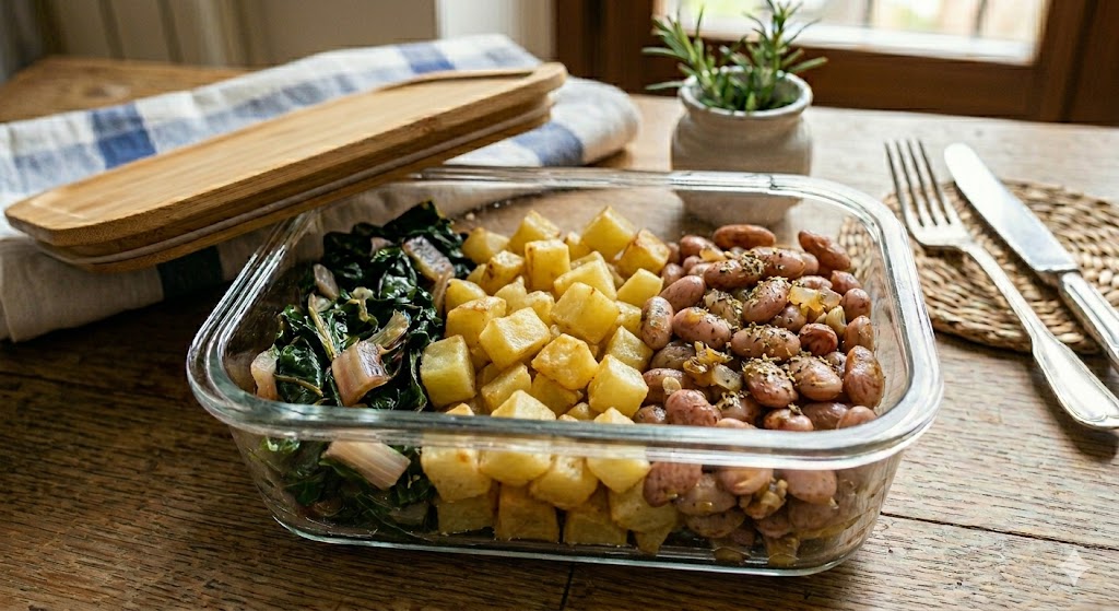Patate al forno, verdure del giorno e fagioli saltati in padella