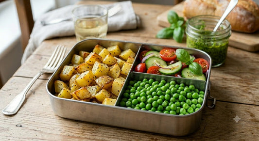 Patate, verdure del giorno e piselli.