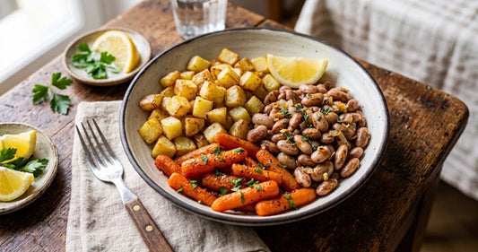 Patate al forno, verdure del giorno e fagioli