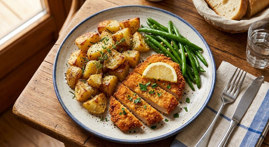 Patate al forno, fagiolini, cotoletta alla milanese