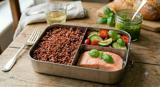 Riso ermes, verdure del giorno e salmone cotto a bassa temperatura