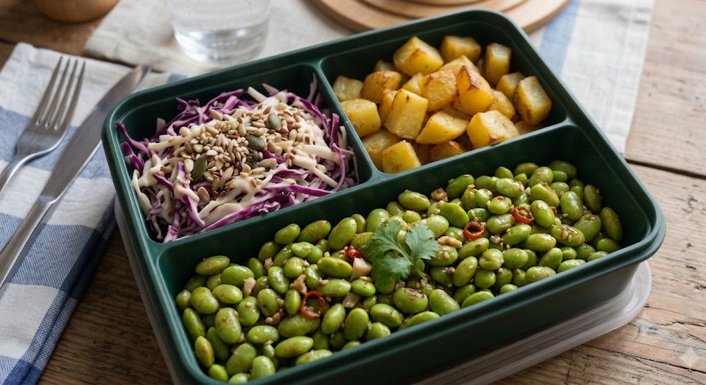Patate al forno, verdure del giorno e edamame salatati in padella