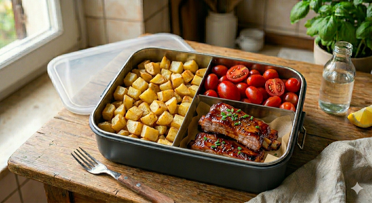 Patate al forno, verdure del giorno, costine