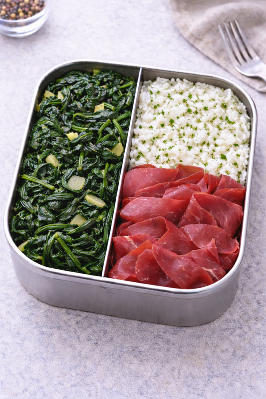 Riso aromatizzato alle erbette, verdure del giorno e bresaola