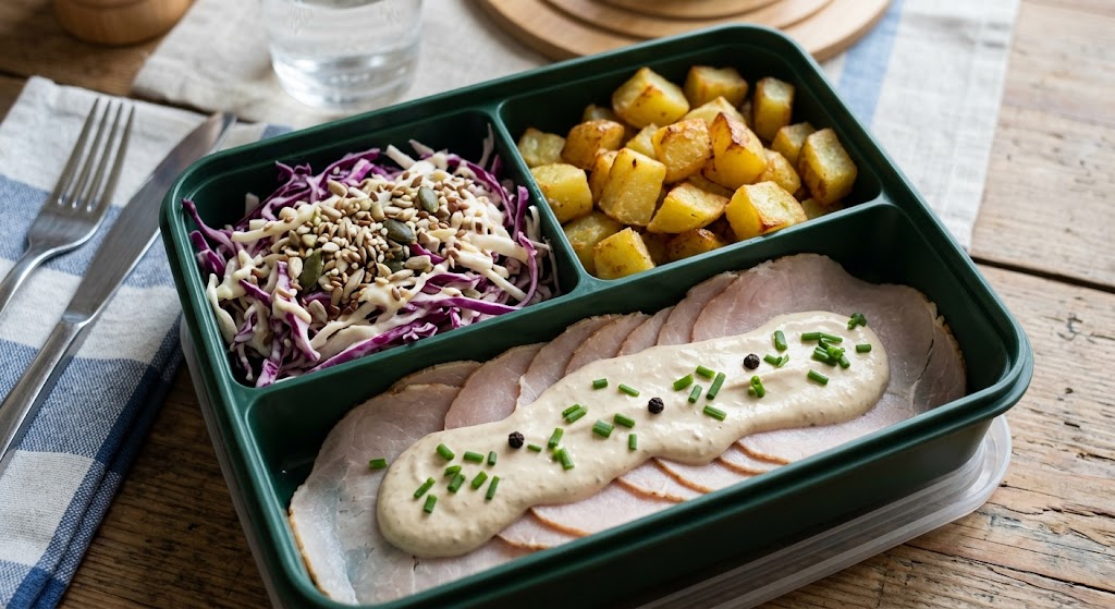 Schiscetta con patate, verdure del giorno e lonza tonnata