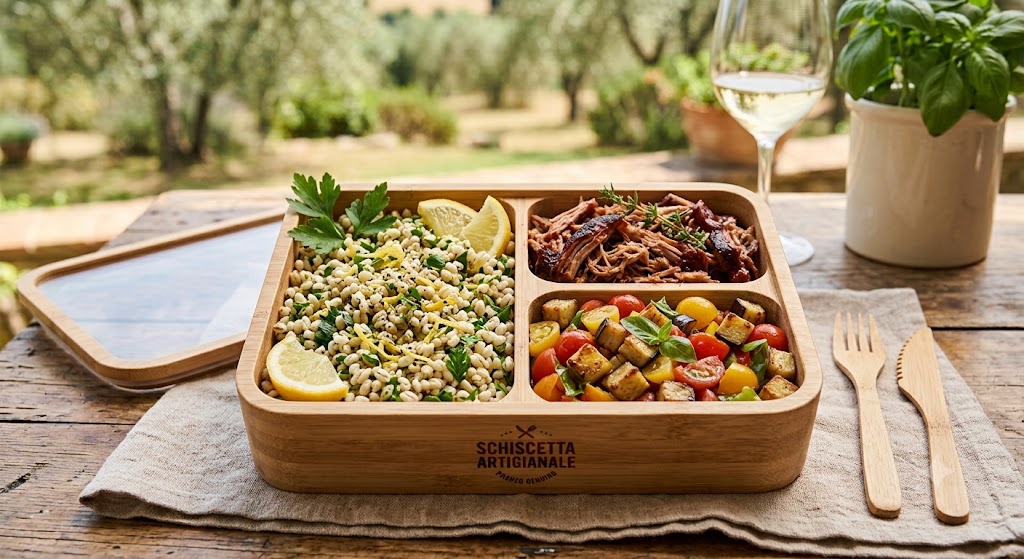 Orzo al prezzemolo e limone, verdure del giorno e pulled pork