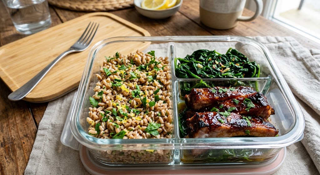Farro con limone e prezzemolo, verdure al giorno e ribs di maiale