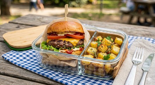 Panino hamburger, pomodoro e insalata con patate al forno