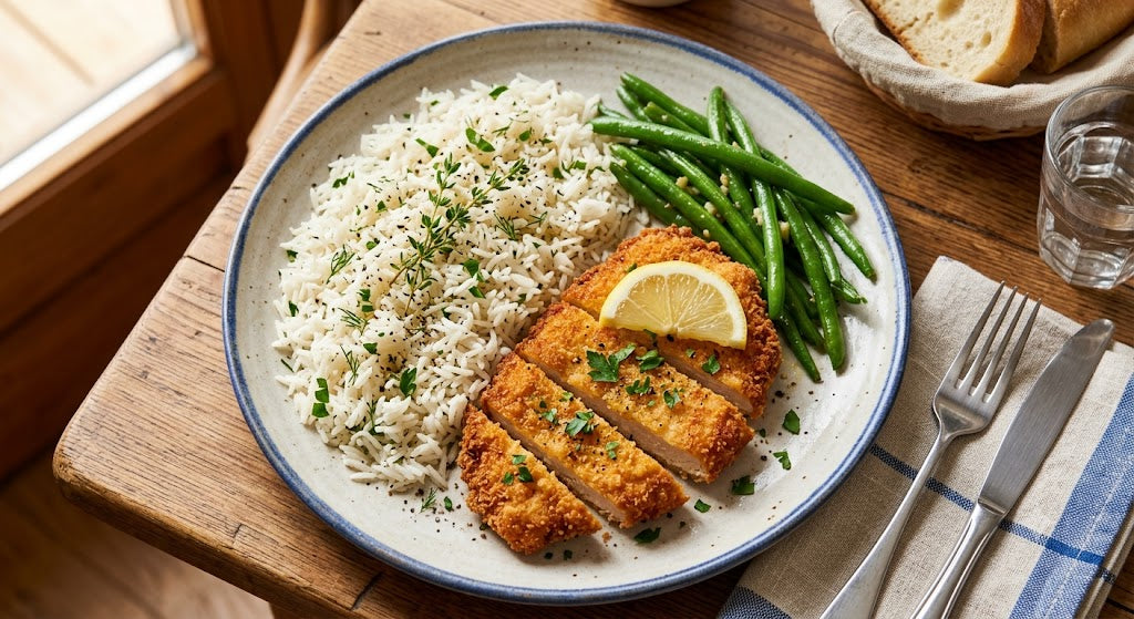 Riso aromatizzato, verdure del giorno e cotoletta