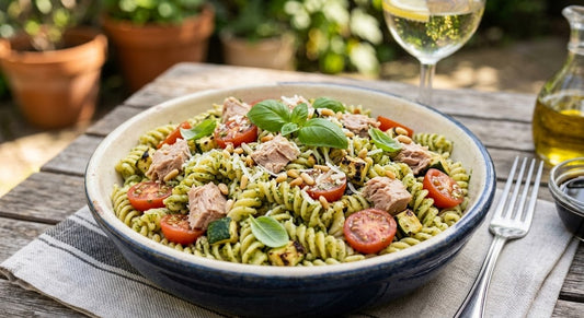 Insalata di pasta con pesto, tonno, pomodori e zucchine