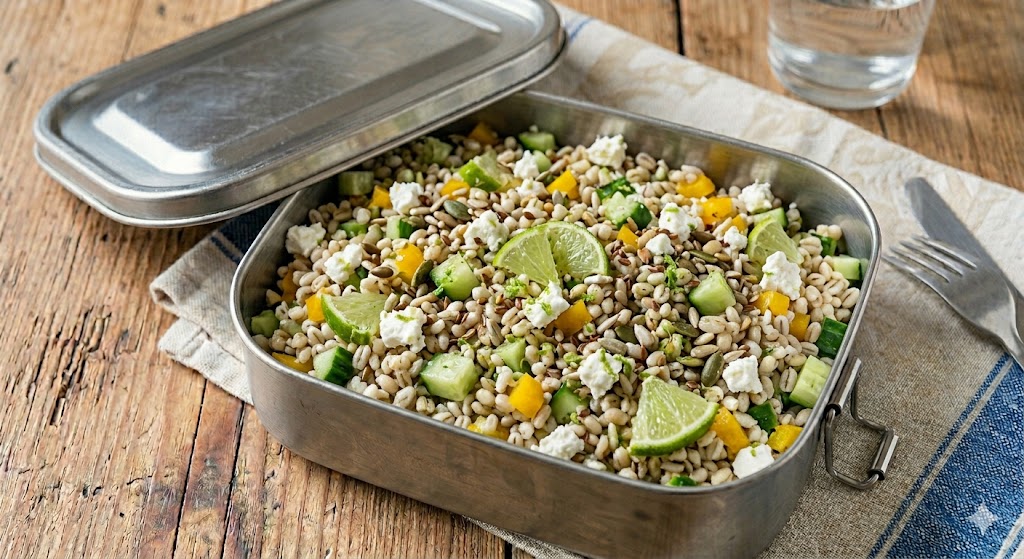 Insalata di orzo con cetrioli, feta, peperoni gialli, lime e mix di semi